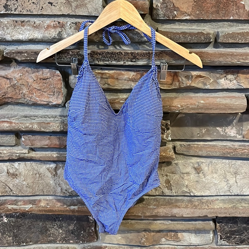 J. Crew Blue Micro Gingham Ruffle One Piece Swimsuit
